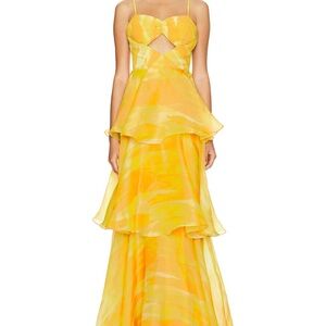 NWT YAURA Keta Dress Aquarelle Yellow Cut Out Tiered Maxi UK 6 XS